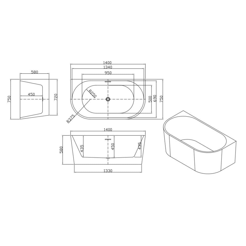 LUKKA DOVER BACK TO WALL FREESTANDING BATHTUB OVERFLOW GLOSS WHITE (AVAILABLE IN 1400MM, 1500MM, AND 1700MM)