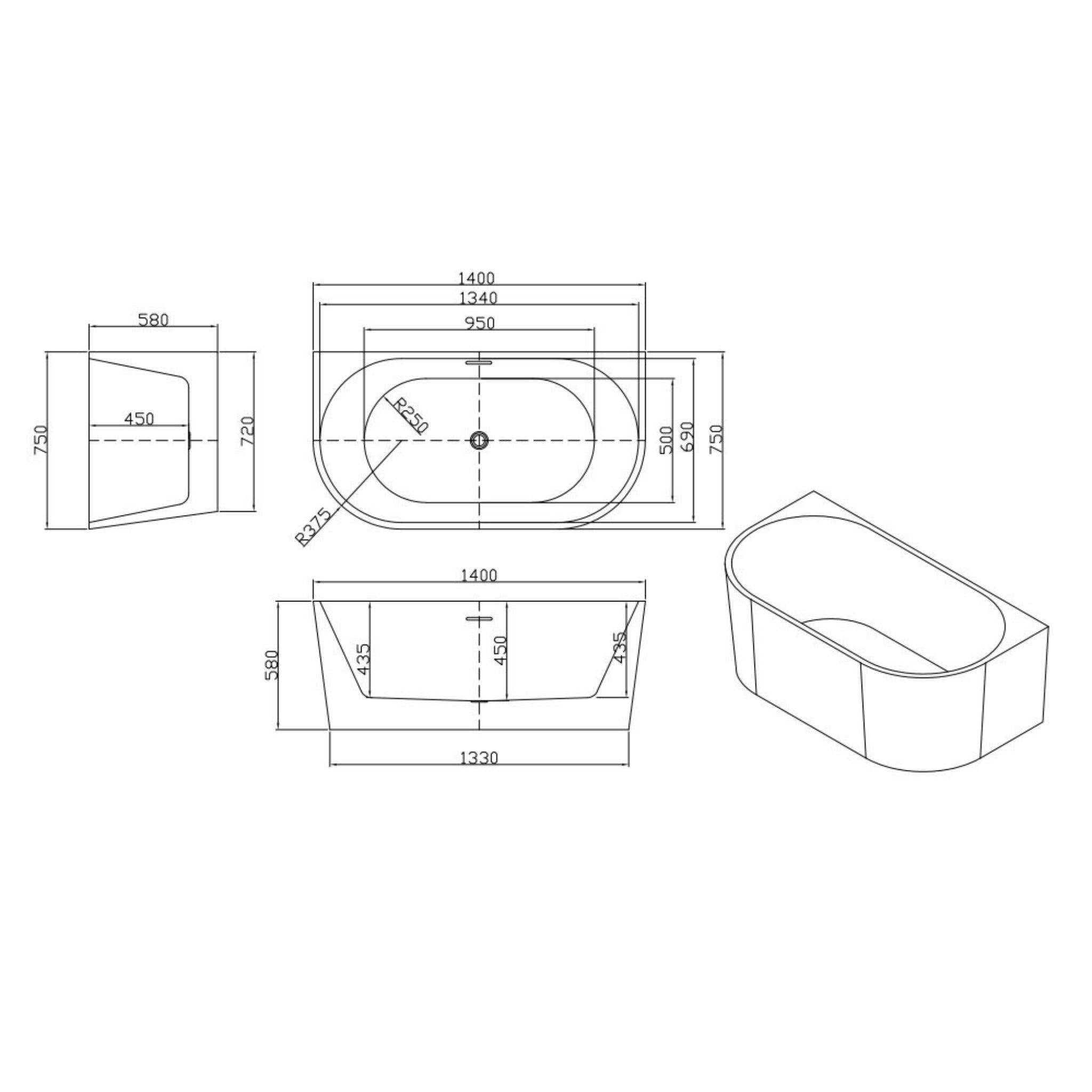 LUKKA DOVER BACK TO WALL FREESTANDING BATHTUB OVERFLOW GLOSS WHITE (AVAILABLE IN 1400MM, 1500MM, AND 1700MM)