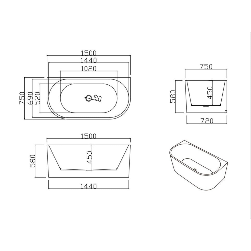 LUKKA DOVER BACK TO WALL FREESTANDING BATHTUB GLOSS WHITE (AVAILABLE IN 1400MM, 1500MM, AND 1700MM)