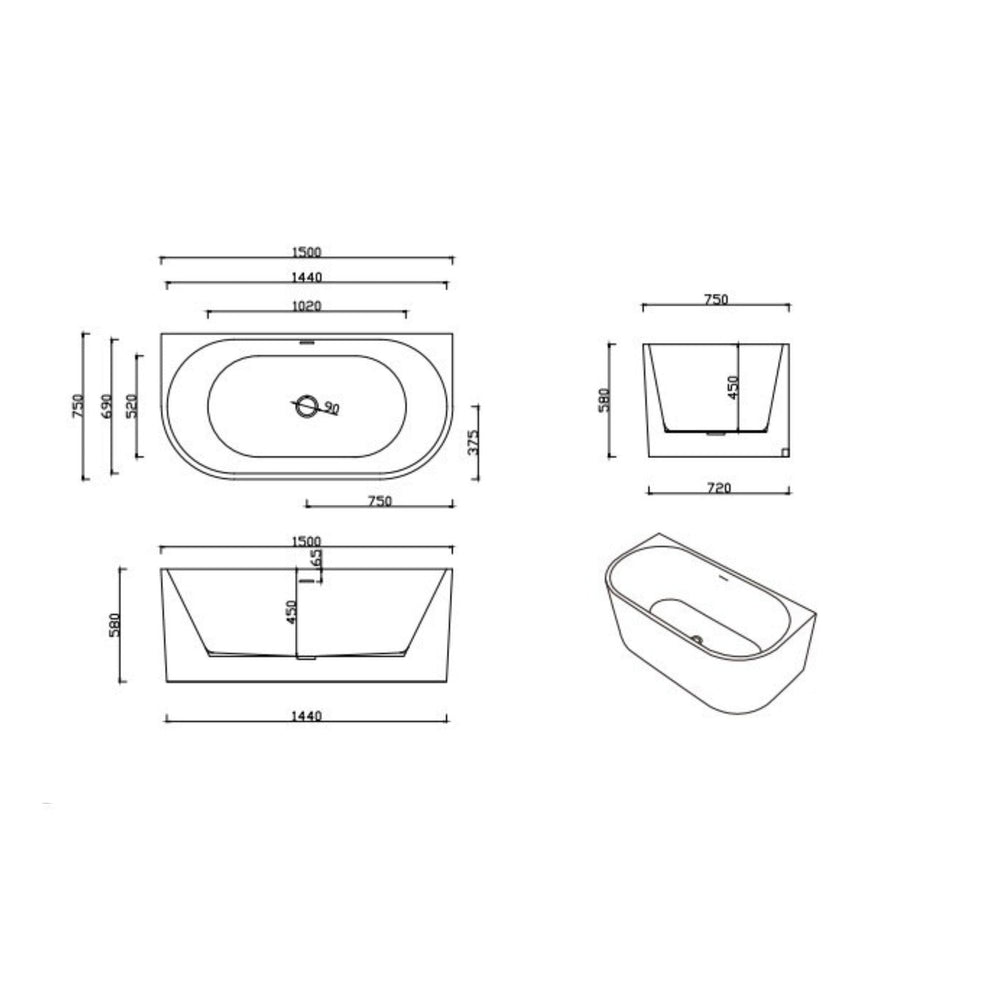 LUKKA DOVER BACK TO WALL FREESTANDING BATHTUB OVERFLOW GLOSS WHITE (AVAILABLE IN 1400MM, 1500MM, AND 1700MM)