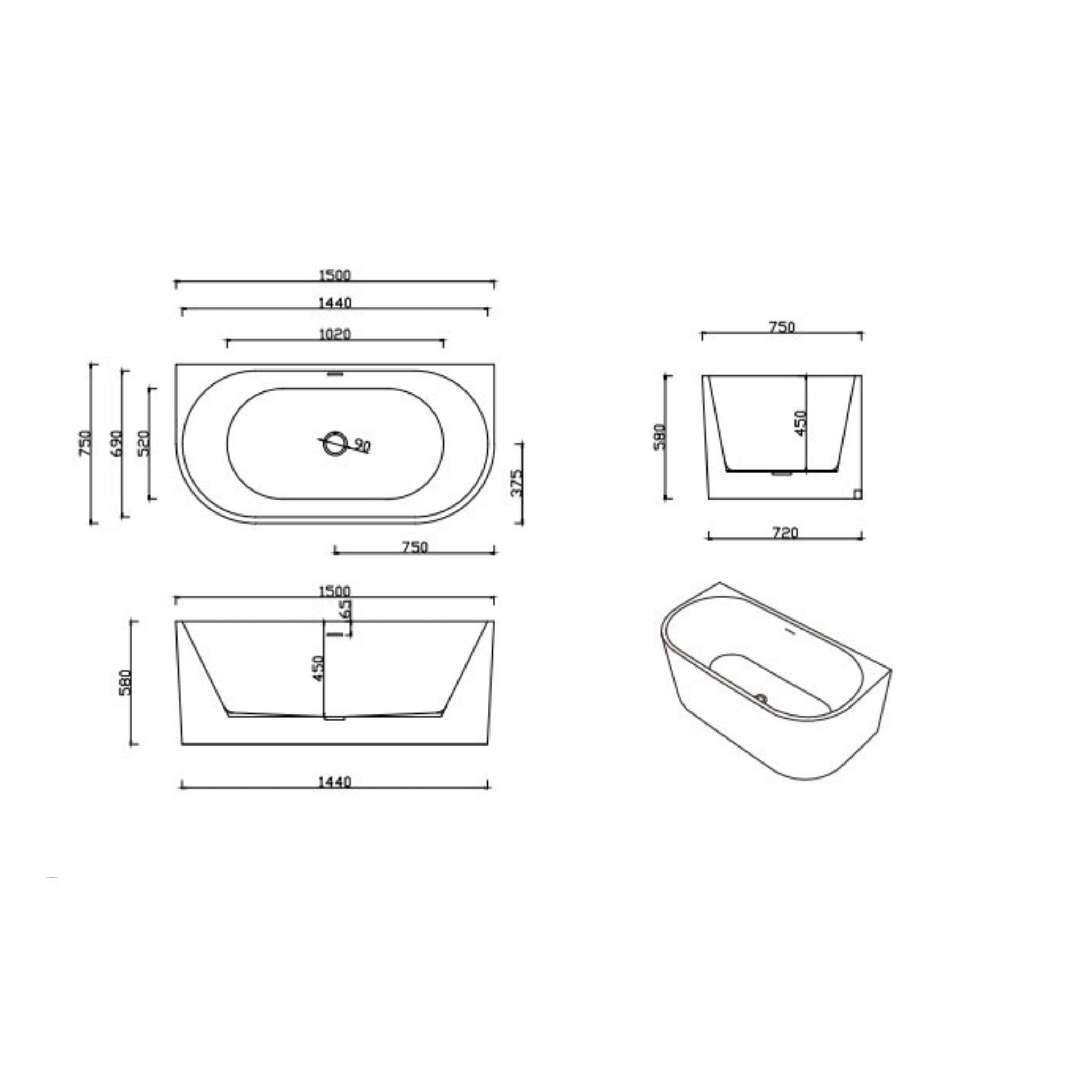 LUKKA DOVER BACK TO WALL FREESTANDING BATHTUB OVERFLOW GLOSS WHITE (AVAILABLE IN 1400MM, 1500MM, AND 1700MM)