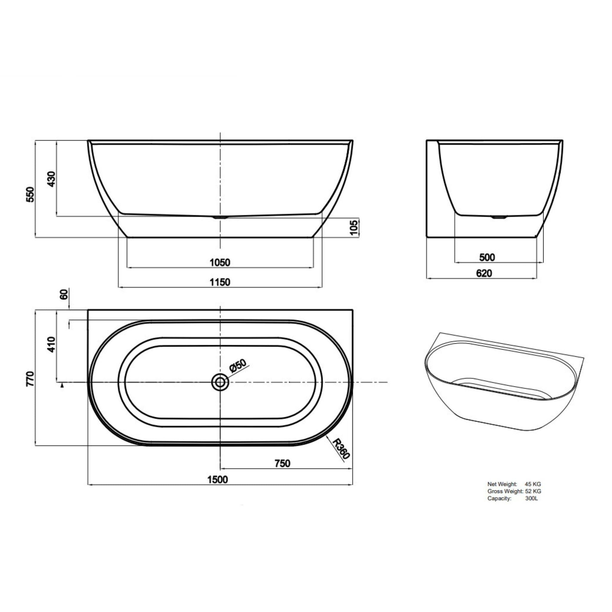 LUKKA ELLIPS BACK TO WALL FREESTANDING BATHTUB GLOSS WHITE (AVAILABLE IN 1500MM AND 1700MM)