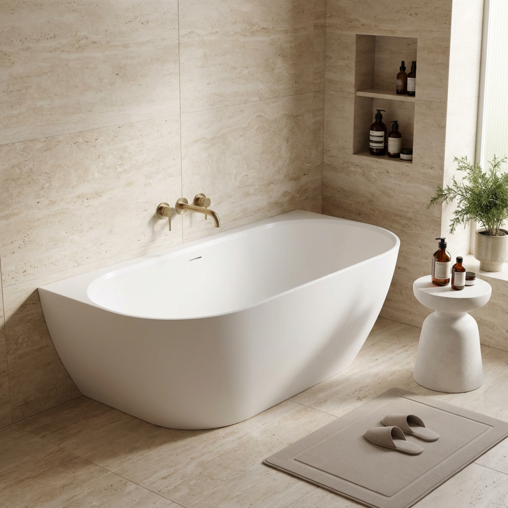 LUKKA ELLIPS BACK TO WALL FREESTANDING BATHTUB OVERFLOW GLOSS WHITE (AVAILABLE IN 1500MM AND 1700MM)