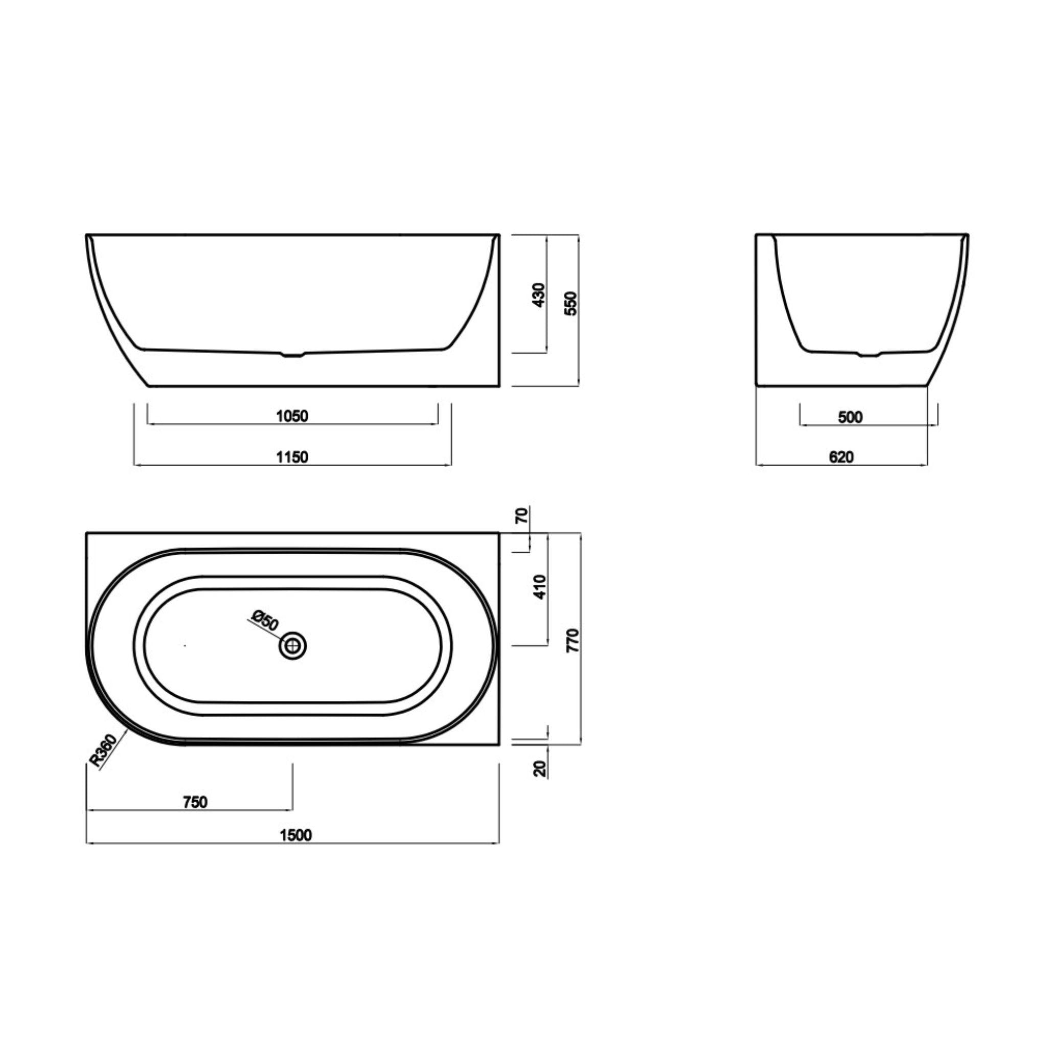 LUKKA ELLIPS FREESTANDING RIGHT CORNER BATHTUB OVERFLOW MATTE WHITE (AVAILABLE IN 1500MM AND 1700MM)