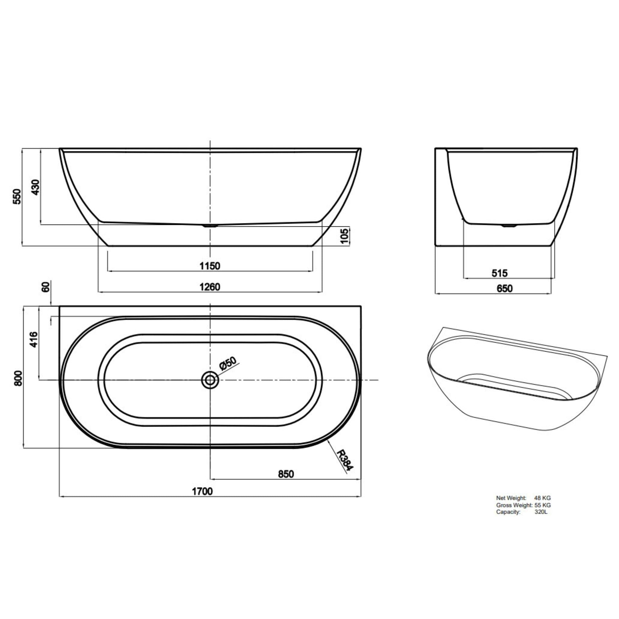 LUKKA ELLIPS BACK TO WALL FREESTANDING BATHTUB GLOSS WHITE (AVAILABLE IN 1500MM AND 1700MM)