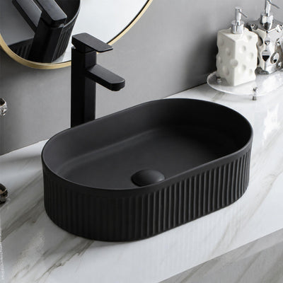 LUKKA ELLIPS FLUTED ABOVE COUNTER BASIN MATTE BLACK 490MM