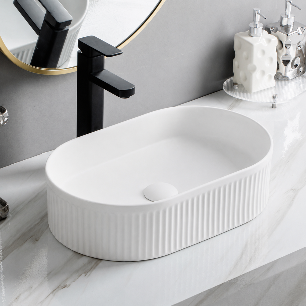 LUKKA ELLIPS FLUTED ABOVE COUNTER BASIN MATTE WHITE 490MM