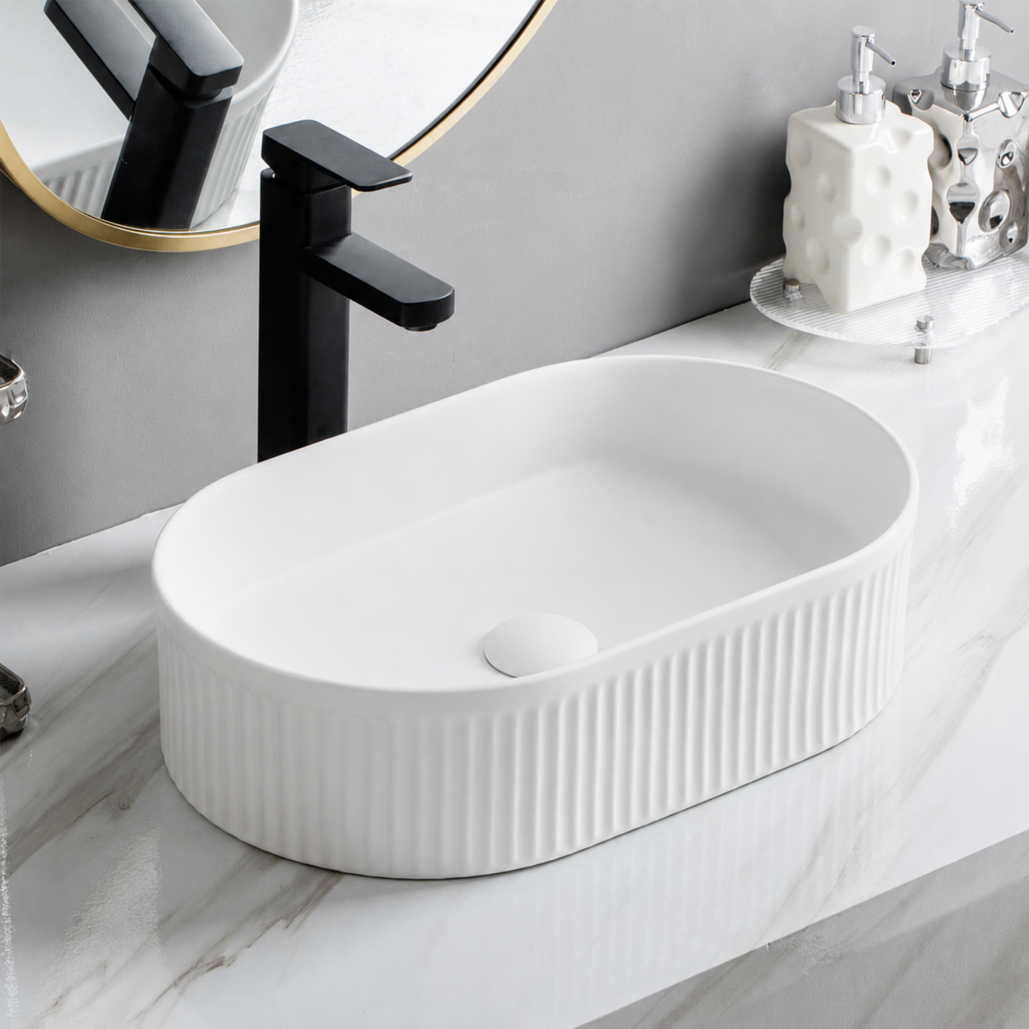 LUKKA ELLIPS FLUTED ABOVE COUNTER BASIN MATTE WHITE 490MM
