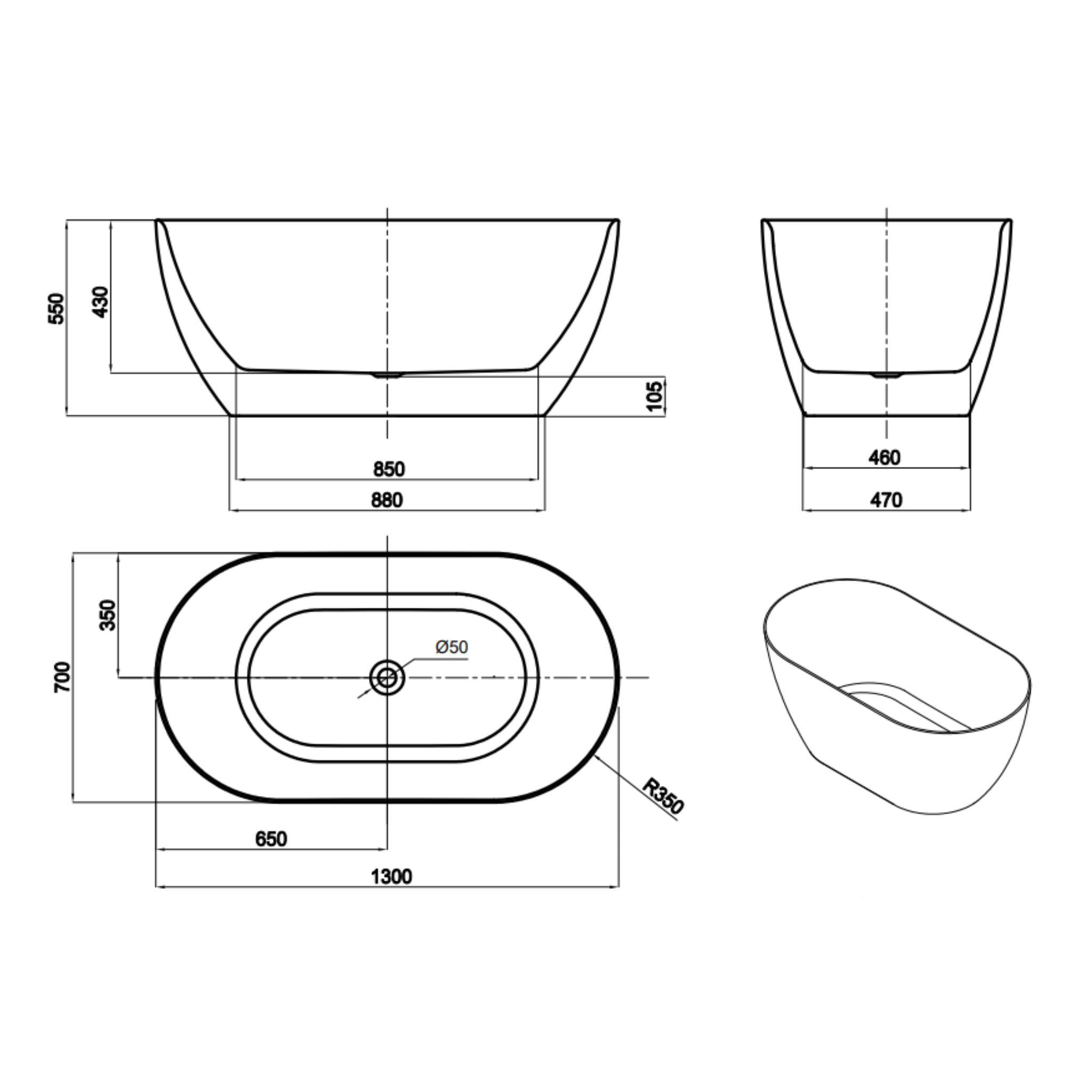 LUKKA ELLIPS SLIM FREESTANDING BATHTUB GLOSS WHITE (AVAILABLE IN MULTIPLE SIZES)