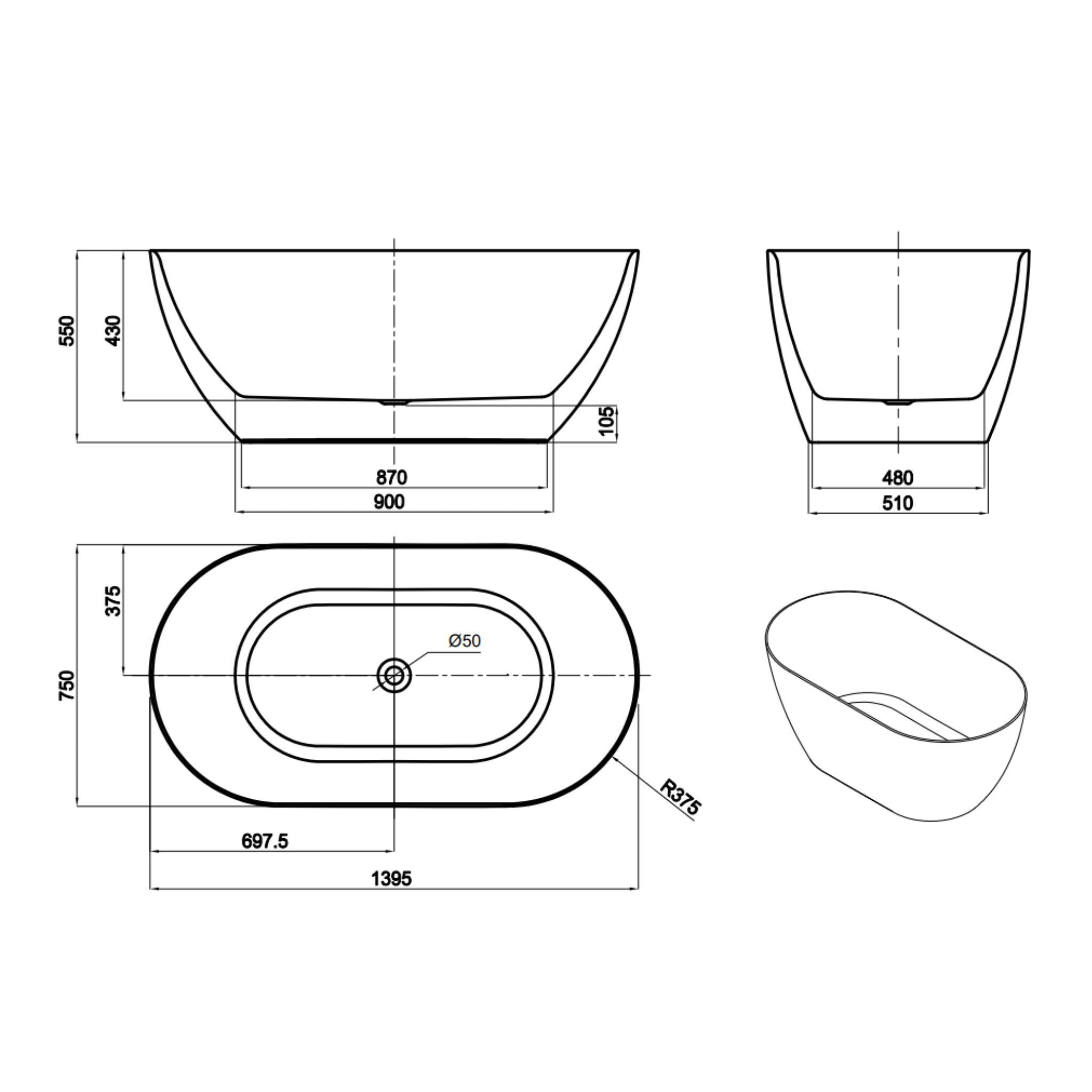 LUKKA ELLIPS SLIM FREESTANDING BATHTUB MATTE WHITE (AVAILABLE IN MULTIPLE SIZES)