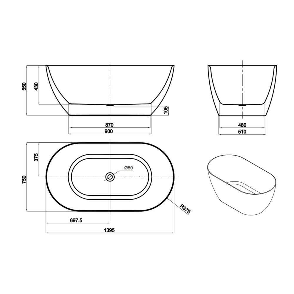 LUKKA ELLIPS SLIM FREESTANDING BATHTUB GLOSS WHITE (AVAILABLE IN MULTIPLE SIZES)