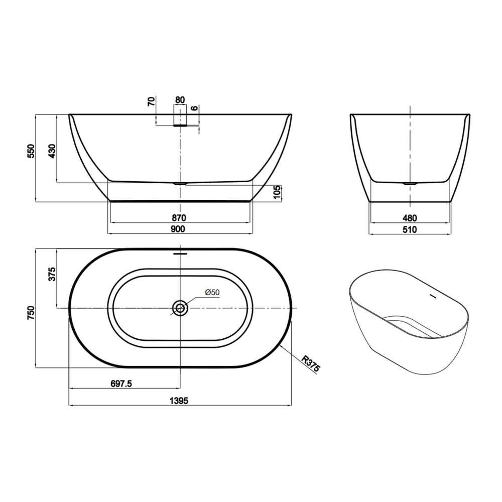 LUKKA ELLIPS SLIM FREESTANDING BATHTUB WITH OVERFLOW GLOSS WHITE (AVAILABLE IN 1395MM, 1530MM AND 1700MM)