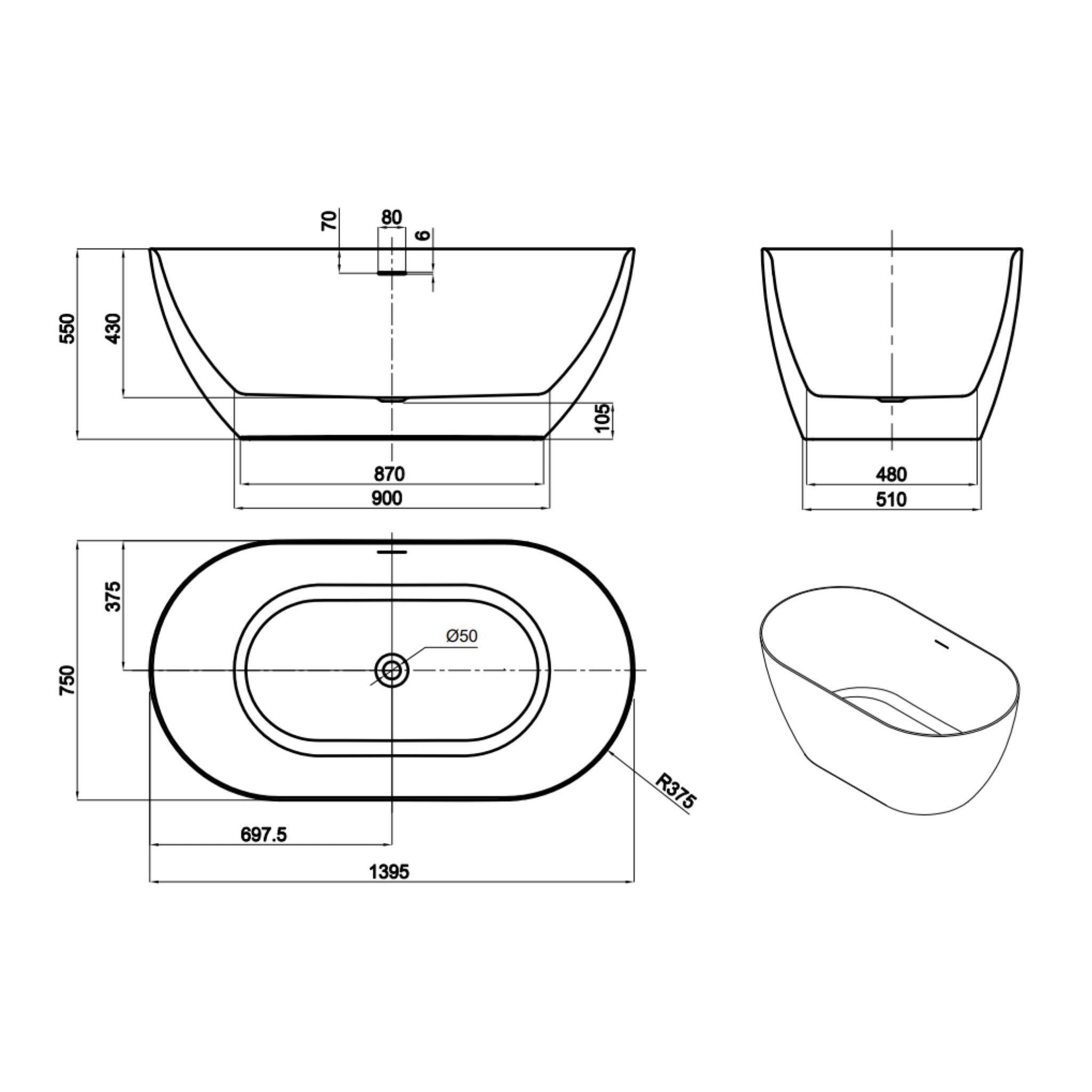 LUKKA ELLIPS SLIM FREESTANDING BATHTUB WITH OVERFLOW GLOSS WHITE (AVAILABLE IN 1395MM, 1530MM AND 1700MM)