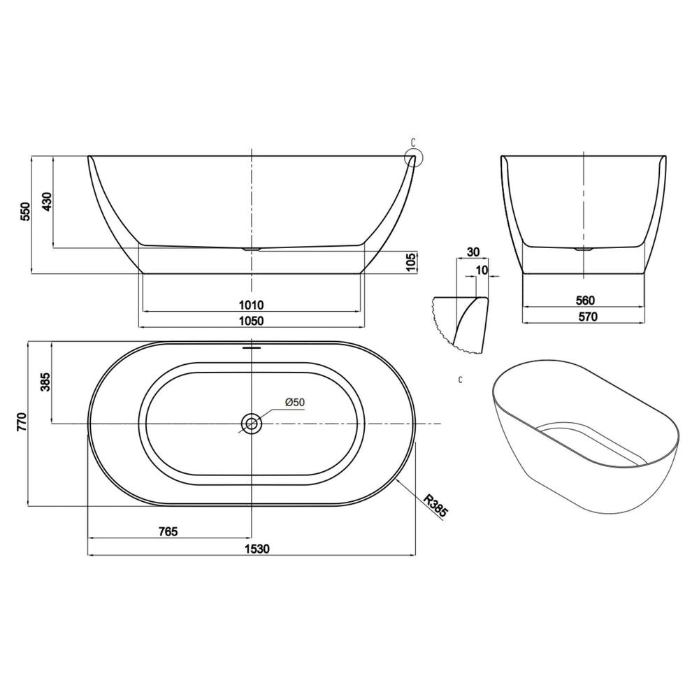 LUKKA ELLIPS SLIM FREESTANDING BATHTUB MATTE BLACK (AVAILABLE IN MULTIPLE SIZES)
