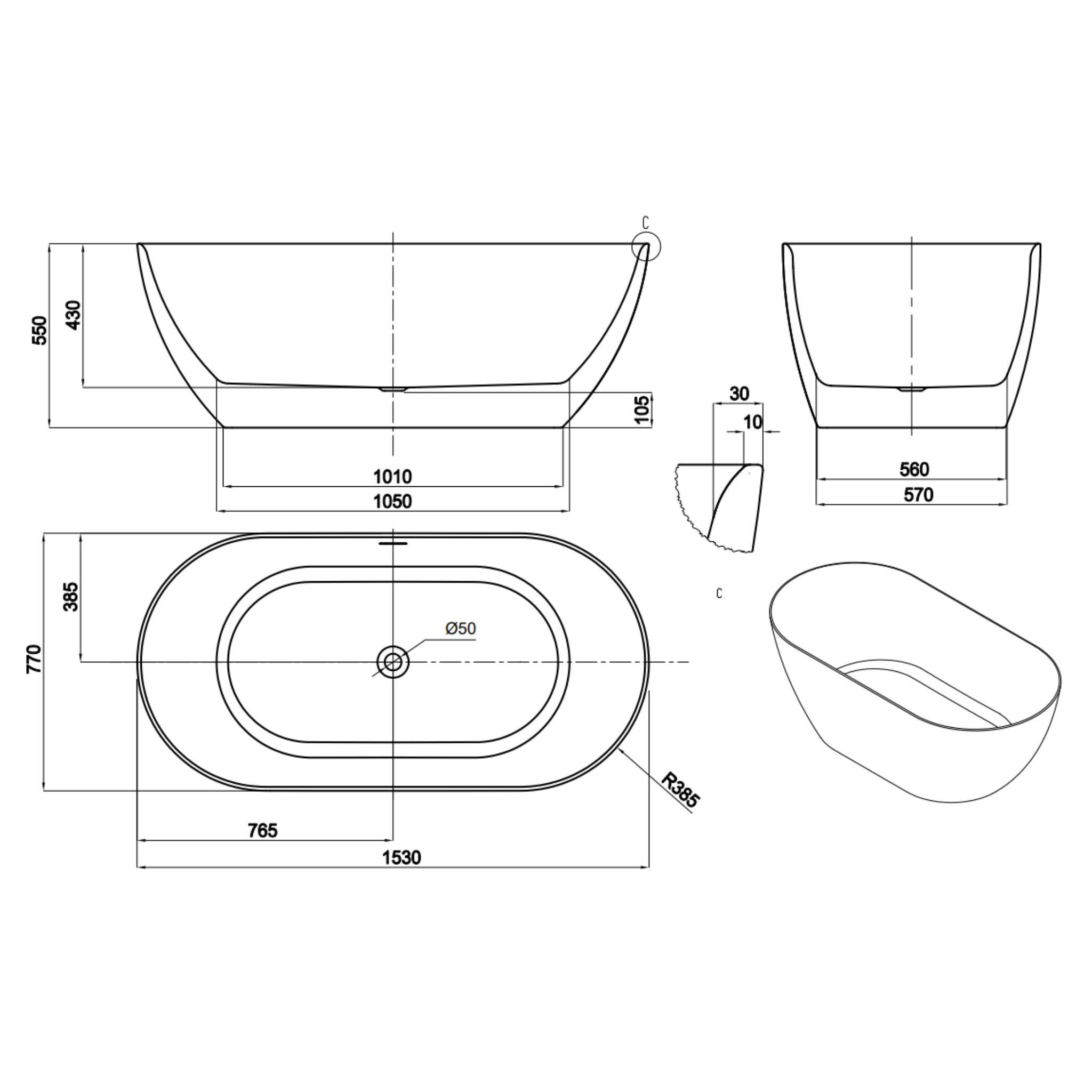 LUKKA ELLIPS SLIM FREESTANDING BATHTUB MATTE BLACK (AVAILABLE IN MULTIPLE SIZES)