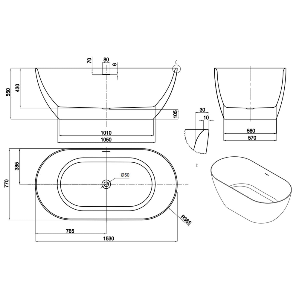LUKKA ELLIPS SLIM FREESTANDING BATHTUB WITH OVERFLOW GLOSS WHITE (AVAILABLE IN 1395MM, 1530MM AND 1700MM)