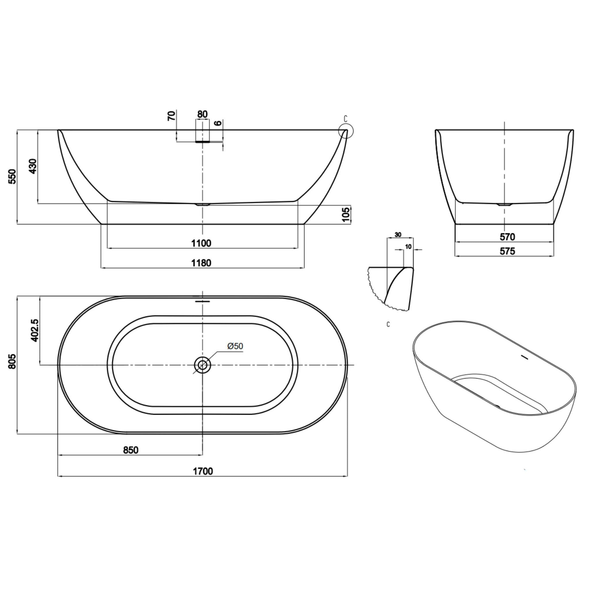 LUKKA ELLIPS SLIM FREESTANDING BATHTUB WITH OVERFLOW MATTE WHITE (AVAILABLE IN 1395MM, 1530MM AND 1700MM)