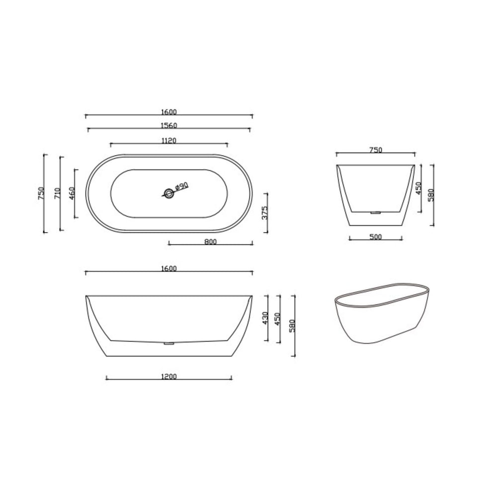 LUKKA ELLIPS SLIM FREESTANDING BATHTUB GLOSS WHITE (AVAILABLE IN MULTIPLE SIZES)