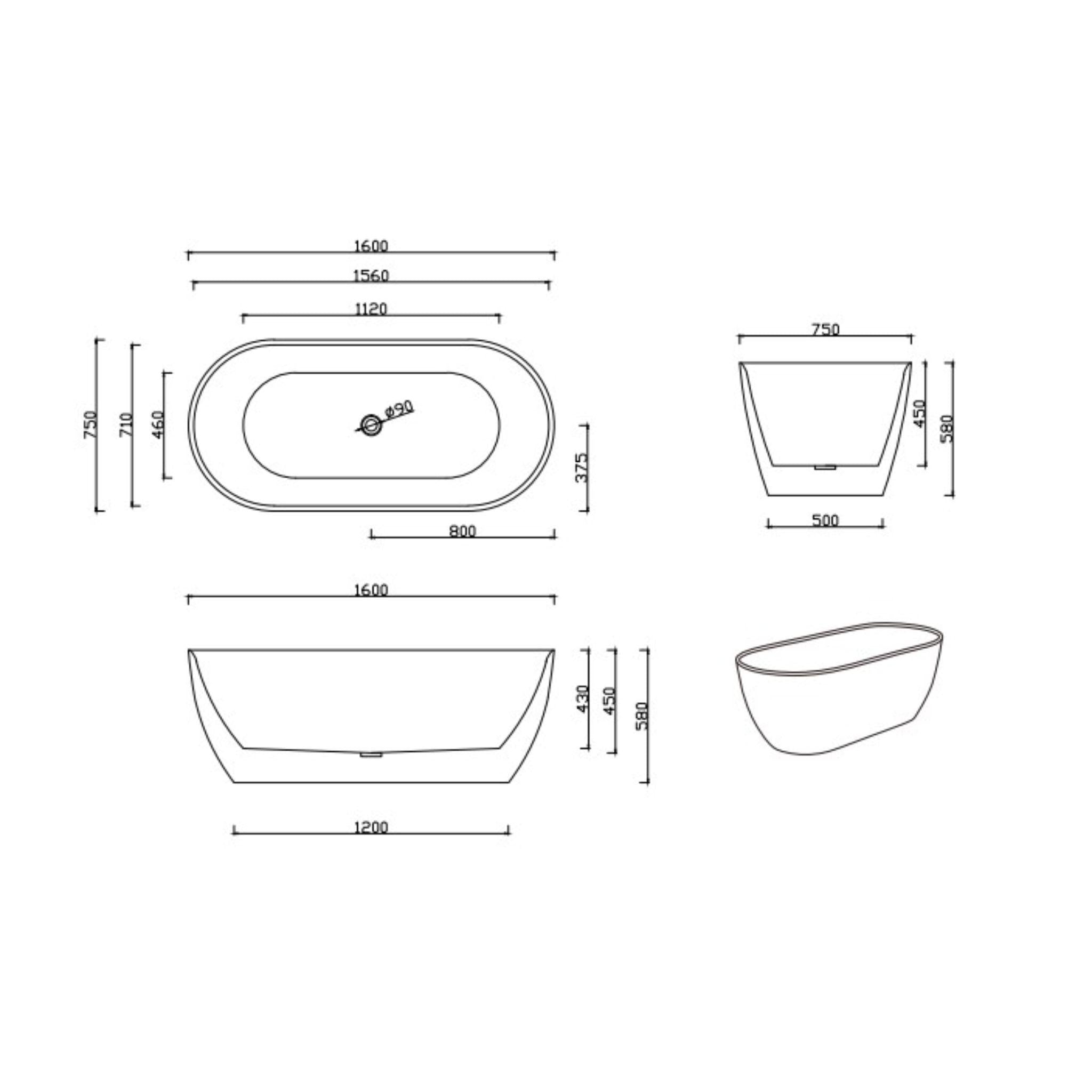 LUKKA ELLIPS SLIM FREESTANDING BATHTUB GLOSS WHITE (AVAILABLE IN MULTIPLE SIZES)