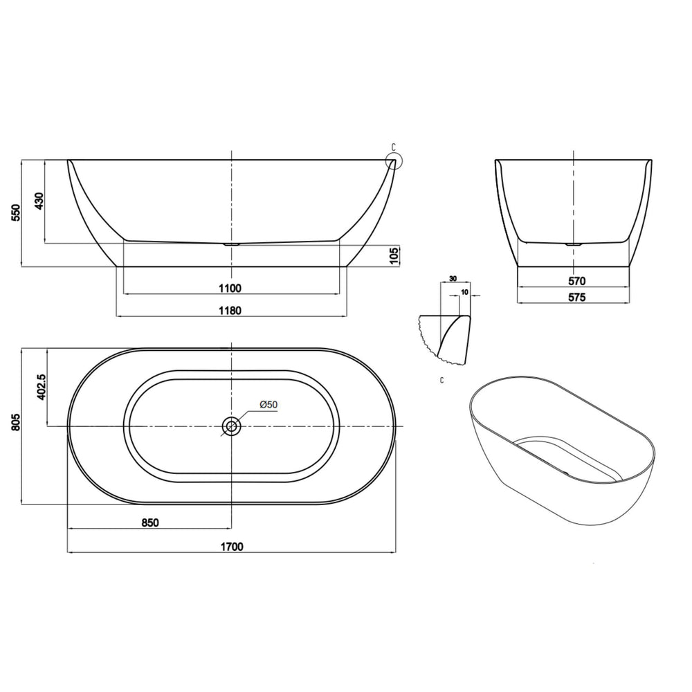 LUKKA ELLIPS SLIM FREESTANDING BATHTUB MATTE BLACK (AVAILABLE IN MULTIPLE SIZES)