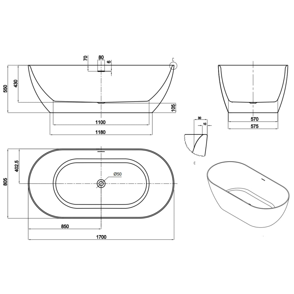 LUKKA ELLIPS SLIM FREESTANDING BATHTUB WITH OVERFLOW GLOSS WHITE (AVAILABLE IN 1395MM, 1530MM AND 1700MM)