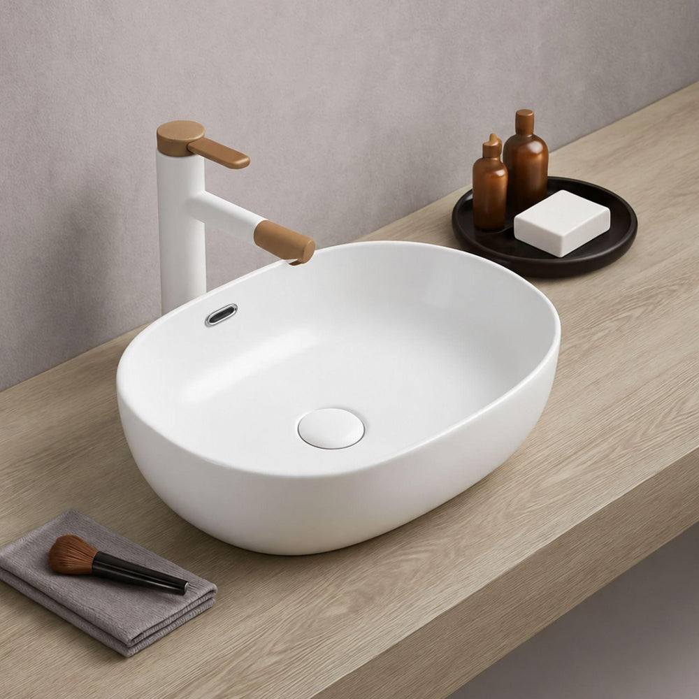LUKKA ELLIPS ABOVE COUNTER BASIN WITH OVERFLOW GLOSS WHITE 490MM