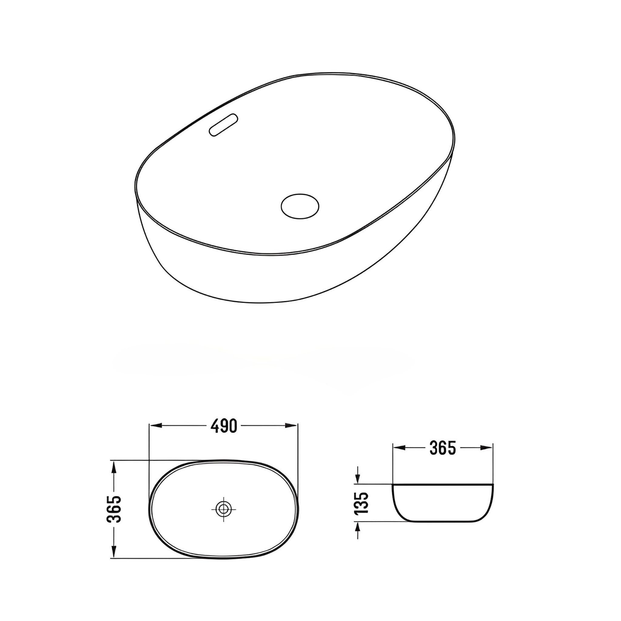 LUKKA ELLIPS ABOVE COUNTER BASIN WITH OVERFLOW GLOSS WHITE 490MM