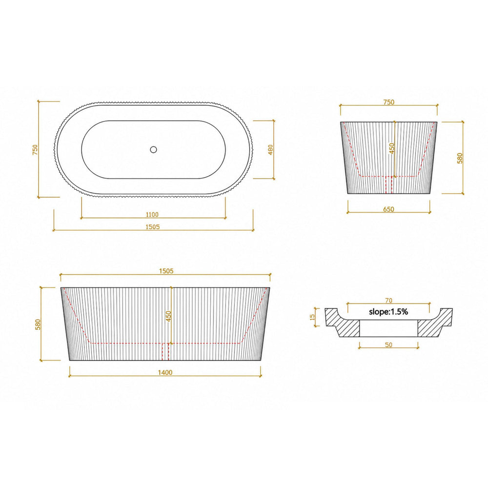LUKKA AGENA FLUTED FREESTANDING BATHTUB GLOSS BLACK AND WHITE (AVAILABLE IN 1500MM AND 1700MM)