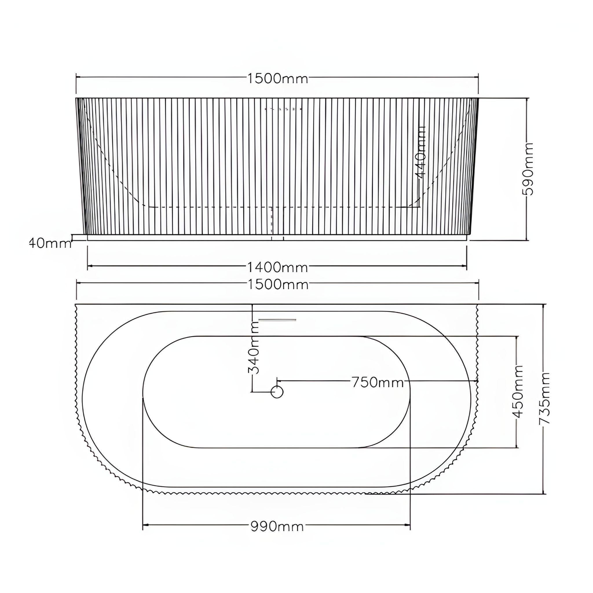 LUKKA BINGIE FLUTED SKIRT BACK TO WALL BATHTUB OVERFLOW MATTE WHITE (AVAILABLE IN 1500MM AND 1700MM)