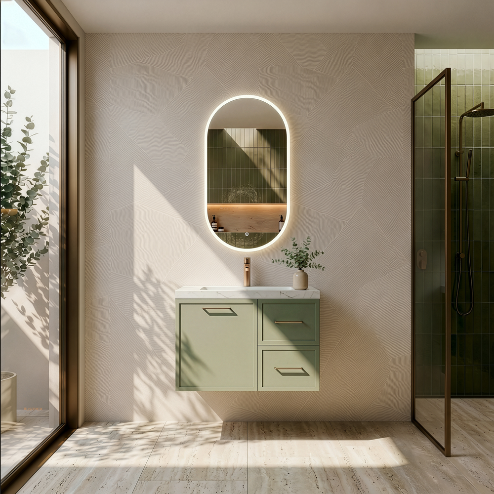 LUKKA KINGSLEY FEDERATION OLIVE GREEN 750MM SINGLE BOWL WALL HUNG VANITY (AVAILABLE IN LEFT HAND DRAWER AND RIGHT HAND DRAWER)