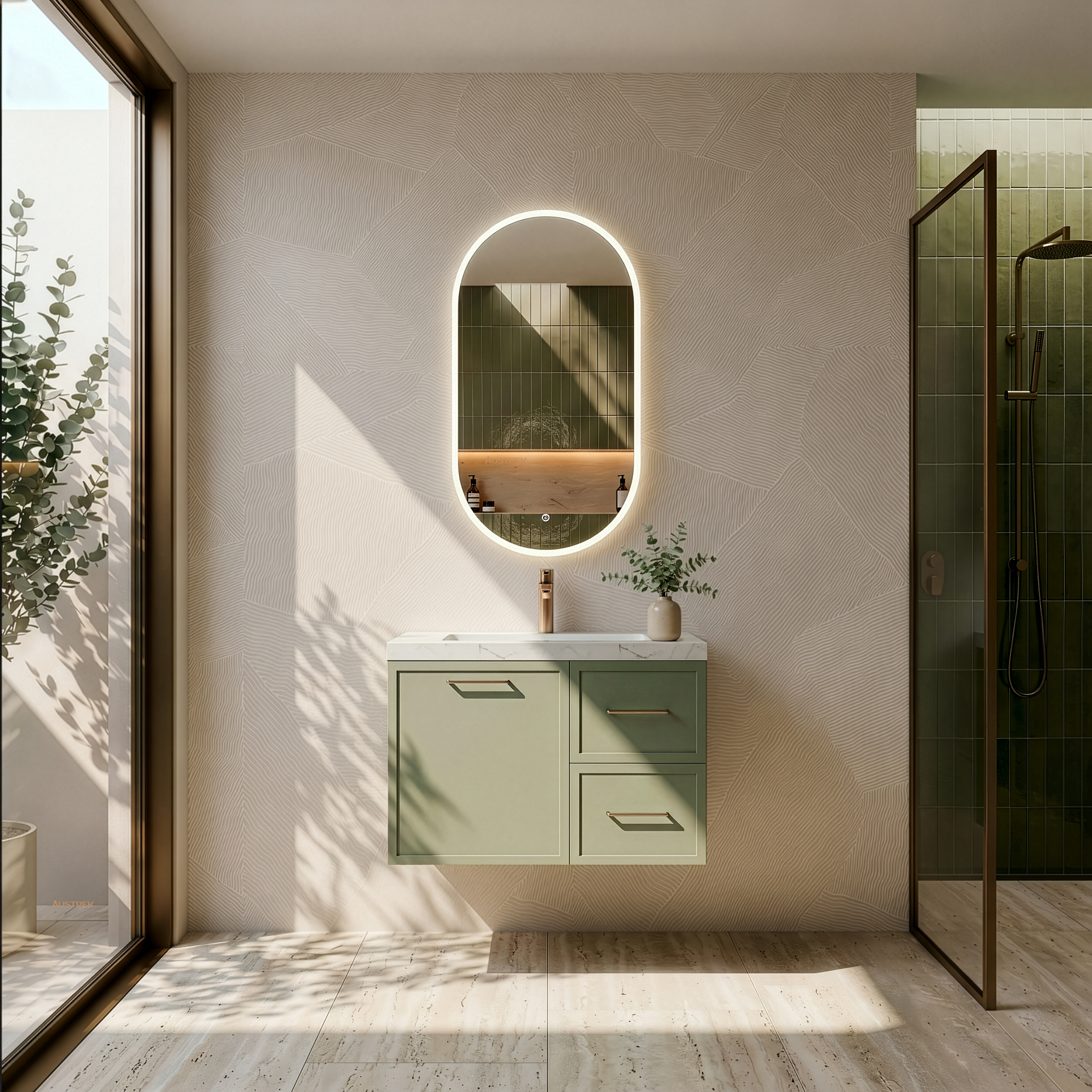 LUKKA KINGSLEY FEDERATION OLIVE GREEN 750MM SINGLE BOWL WALL HUNG VANITY (AVAILABLE IN LEFT HAND DRAWER AND RIGHT HAND DRAWER)
