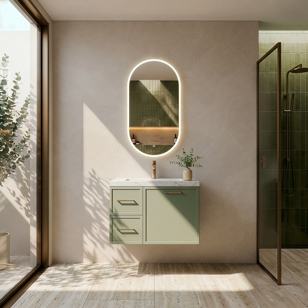 LUKKA KINGSLEY FEDERATION OLIVE GREEN 750MM SINGLE BOWL WALL HUNG VANITY (AVAILABLE IN LEFT HAND DRAWER AND RIGHT HAND DRAWER)