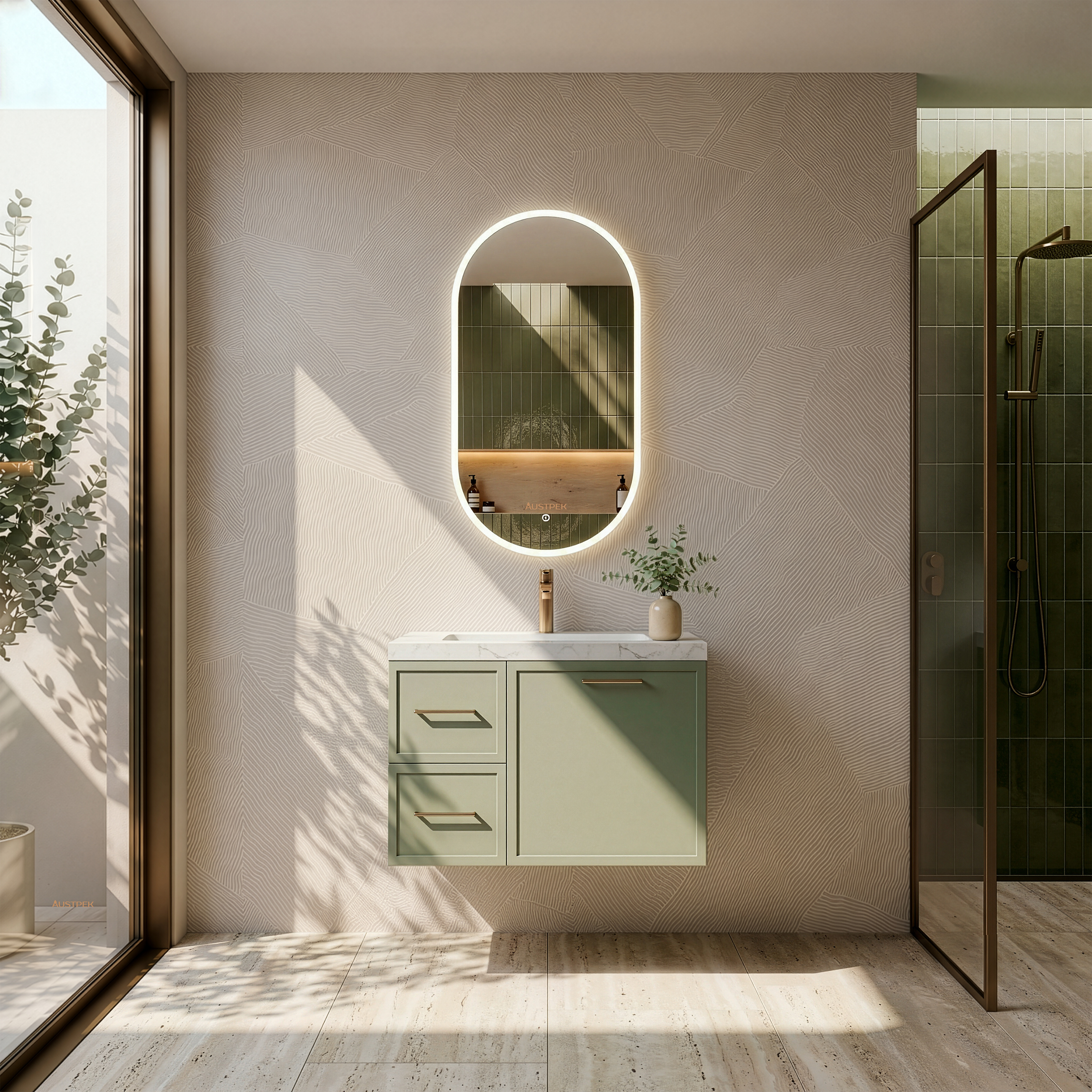 LUKKA KINGSLEY FEDERATION OLIVE GREEN 750MM SINGLE BOWL WALL HUNG VANITY (AVAILABLE IN LEFT HAND DRAWER AND RIGHT HAND DRAWER)