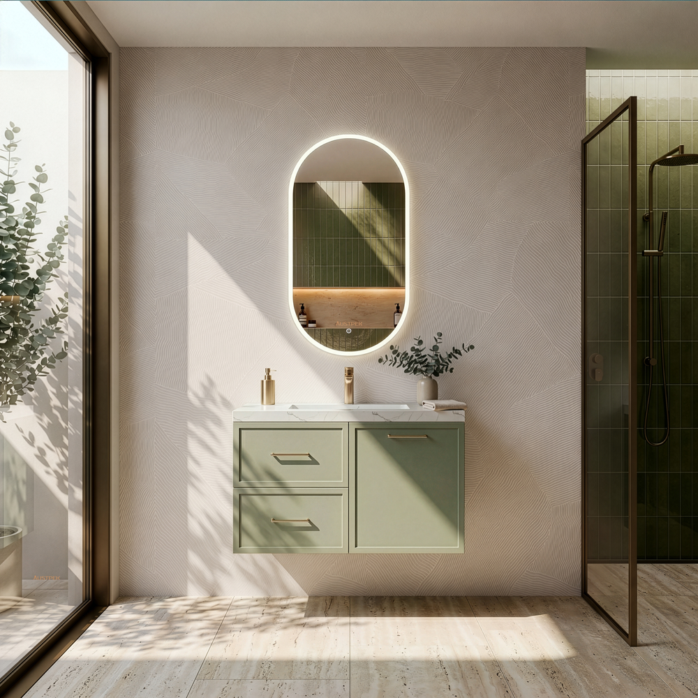 LUKKA KINGSLEY FEDERATION OLIVE GREEN 900MM SINGLE BOWL WALL HUNG VANITY (AVAILABLE IN LEFT HAND DRAWER AND RIGHT HAND DRAWER)