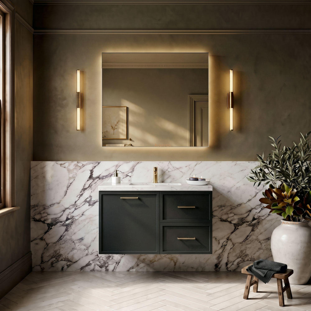 LUKKA KINGSLEY FEDERATION MATTE BLACK 900MM SINGLE BOWL WALL HUNG VANITY (AVAILABLE IN LEFT HAND DRAWER AND RIGHT HAND DRAWER)