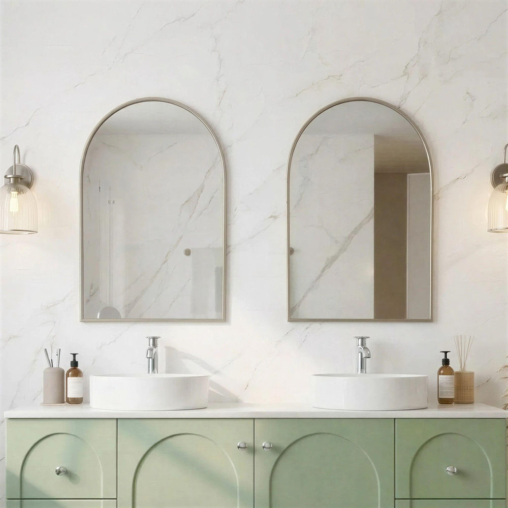 LUKKA ARCO ARCHED FRAMED MIRROR BRUSHED NICKEL 600X900MM