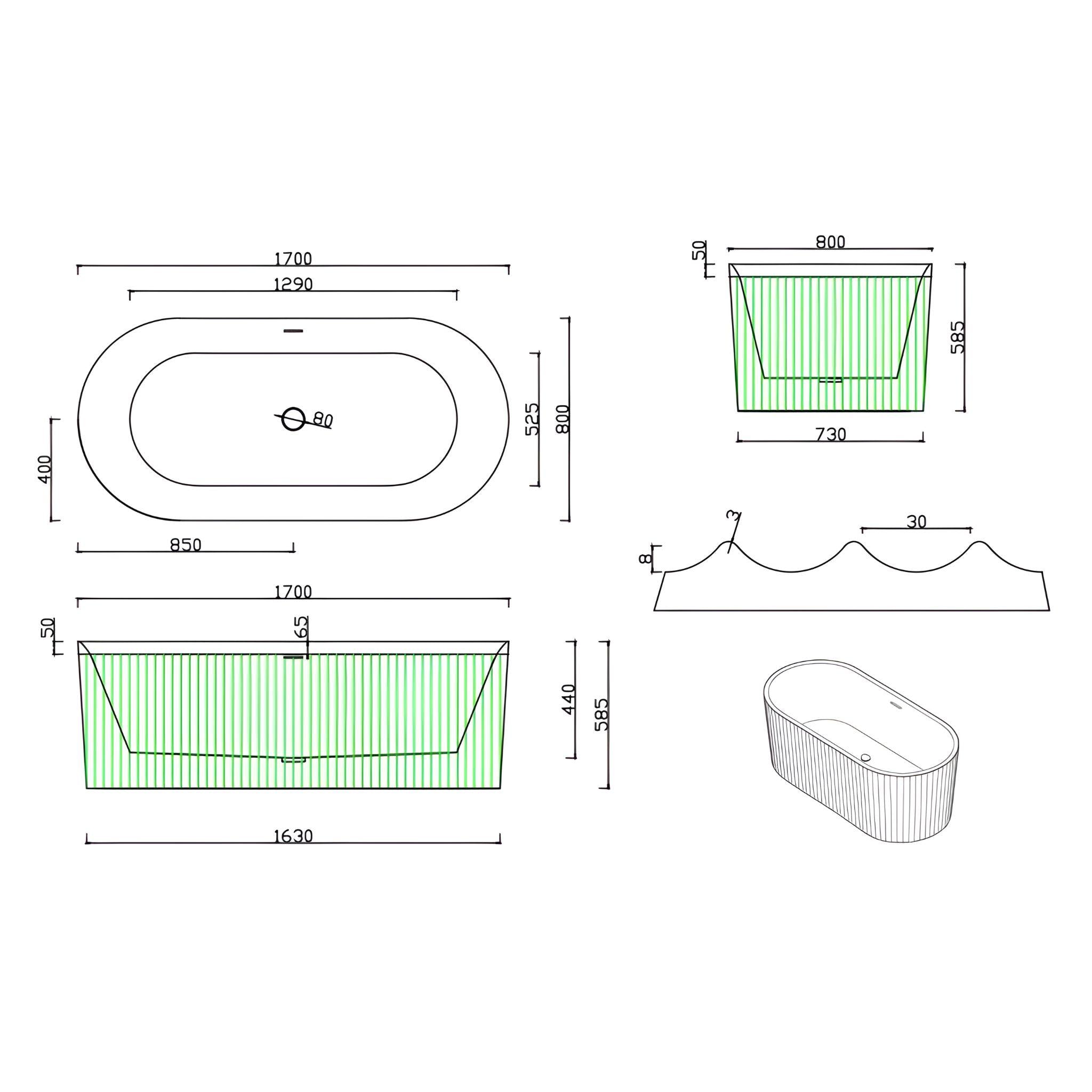 LUKKA FLORENCE FLUTED FREESTANDING BATHTUB OVERFLOW MATTE WHITE (AVAILABLE IN 1500MM AND 1700MM)