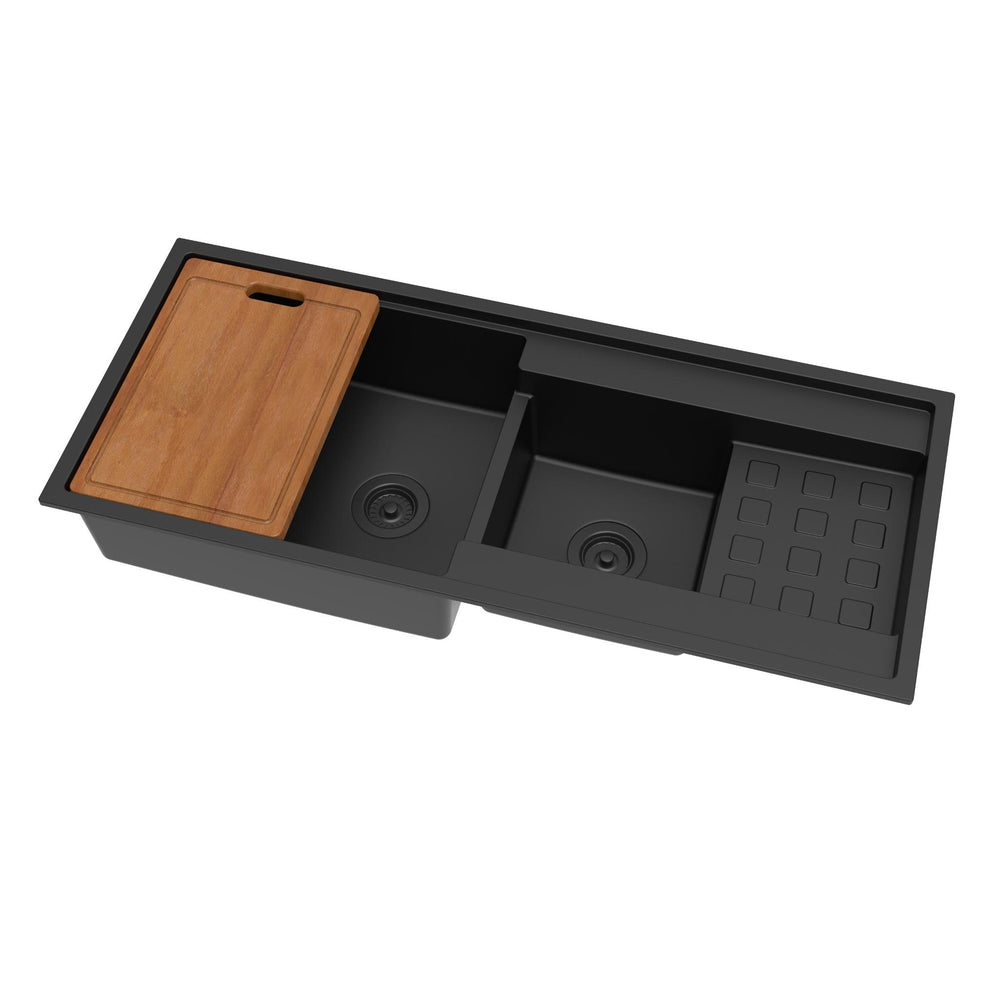 LUKKA GABRIO GRANITE DOUBLE BOWL SINK WITH DRAINER MATTE BLACK 1160MM