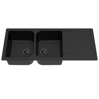 LUKKA CRETE GRANITE DOUBLE BOWL DRAINBOARD KITCHEN SINK MATTE BLACK 1160MM