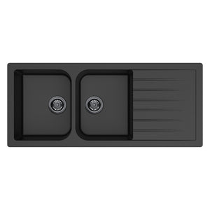LUKKA CRETE GRANITE DOUBLE BOWL DRAINBOARD KITCHEN SINK MATTE BLACK 1160MM
