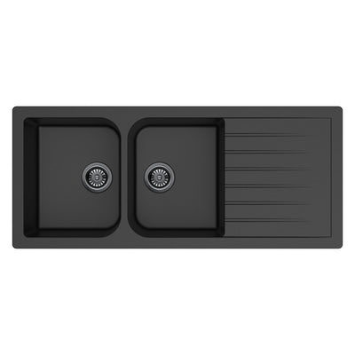 LUKKA CRETE GRANITE DOUBLE BOWL DRAINBOARD KITCHEN SINK MATTE BLACK 1160MM