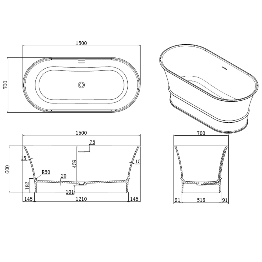 LUKKA HAROLD FREESTANDING BATHTUB OVERFLOW MATTE WHITE (AVAILABLE IN 1500MM AND 1700MM)