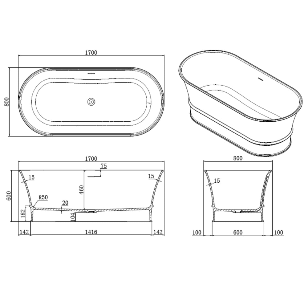 LUKKA HAROLD FREESTANDING BATHTUB OVERFLOW MATTE WHITE (AVAILABLE IN 1500MM AND 1700MM)
