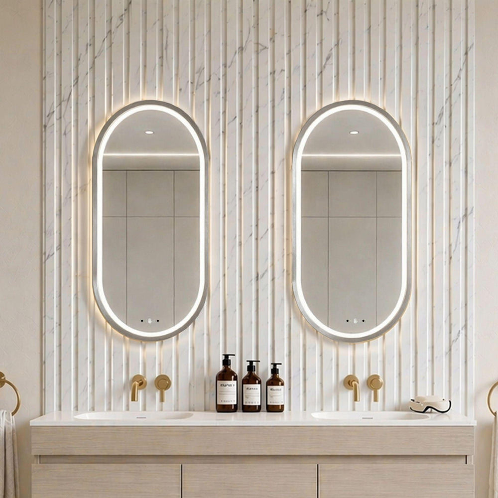 LUKKA ELLIPS OVAL FRAMED LED MIRROR BRUSHED NICKEL 450X900MM