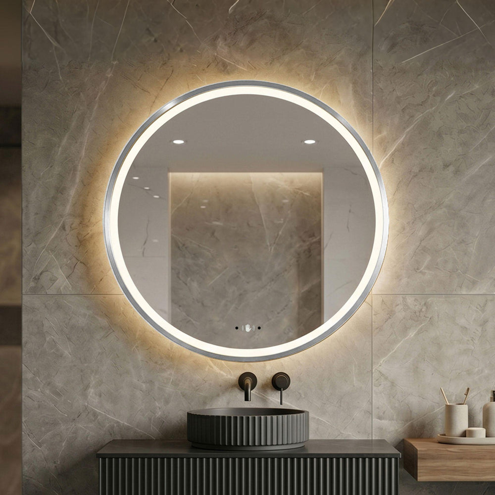 LUKKA ORBIS ROUND FRAMED LED MIRROR BRUSHED NICKEL 600X600MM