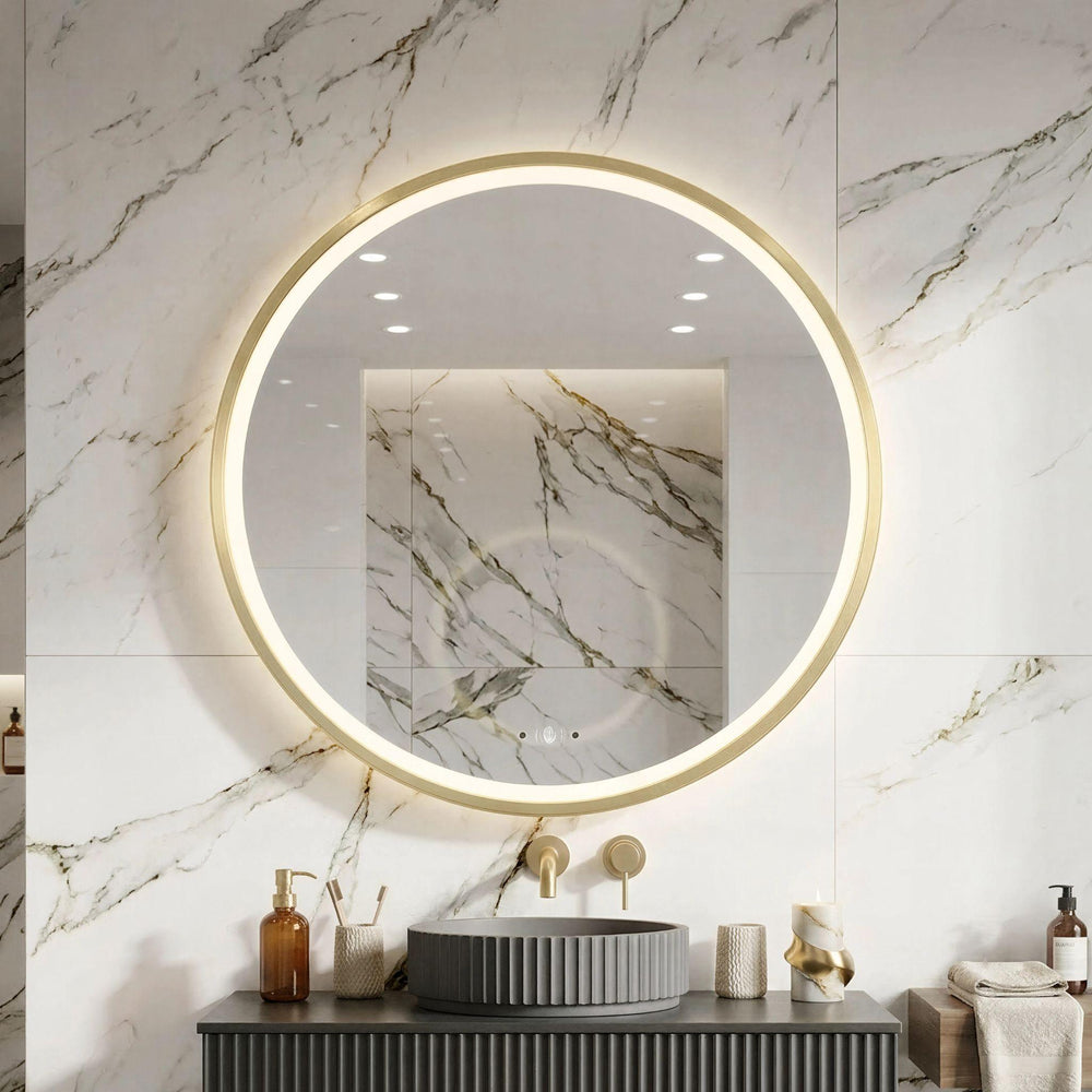 LUKKA ORBIS ROUND FRAMED LED MIRROR BRUSHED GOLD 800X800MM