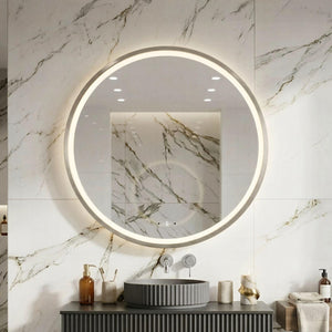 LUKKA ORBIS ROUND FRAMED LED MIRROR BRUSHED NICKEL 800X800MM