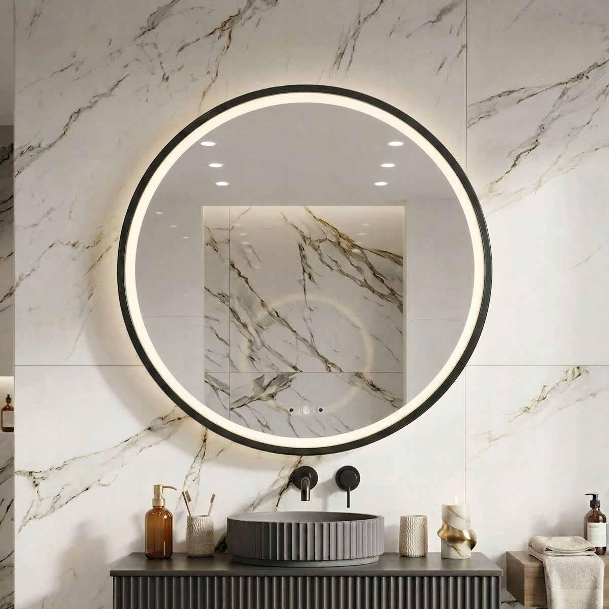 LUKKA ORBIS ROUND FRAMED LED MIRROR MATTE BLACK 800X800MM
