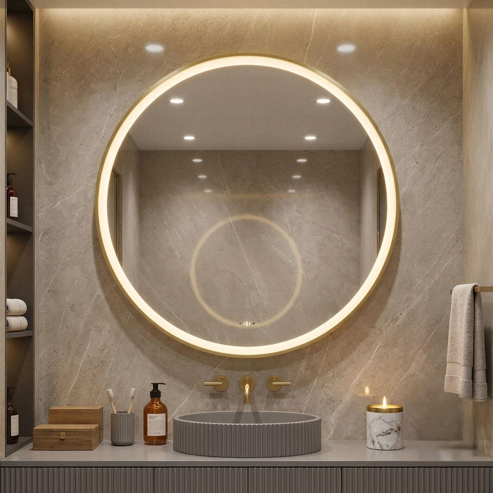 LUKKA ORBIS ROUND FRAMED LED MIRROR BRUSHED GOLD 900X900MM