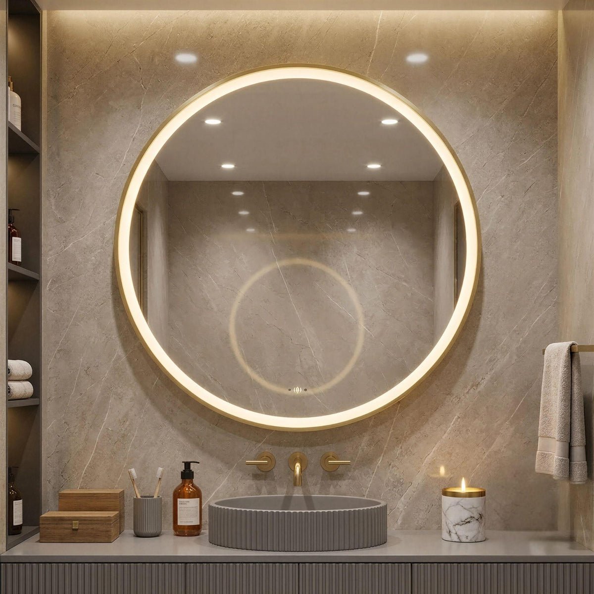 LUKKA ORBIS ROUND FRAMED LED MIRROR BRUSHED GOLD 900X900MM